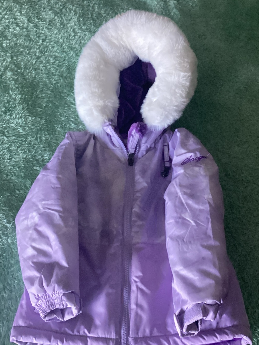 Snozu Lavender Hooded Puffer Jacket with White Faux Fur Trim